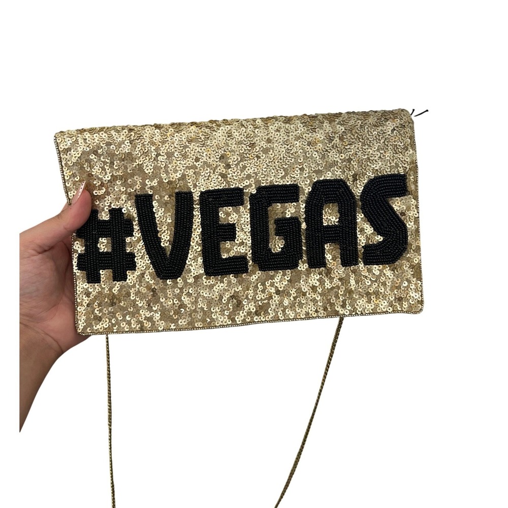From St Xavier Vegas Sequin Beaded Gold Crossbody Envelope Clutch Bag NWT